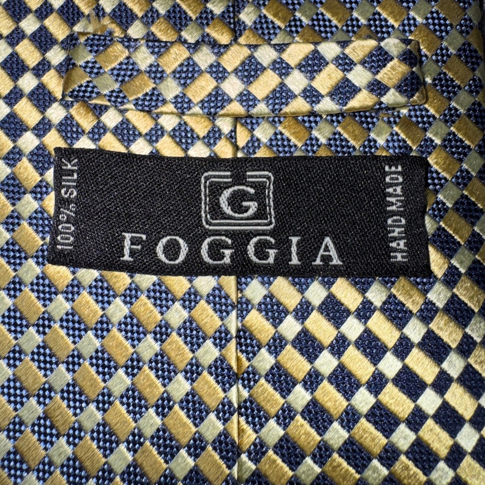 Foggia Mens‎ Silk Tie Navy Gold Yellow Geometric Checkerboard Handmade Necktie